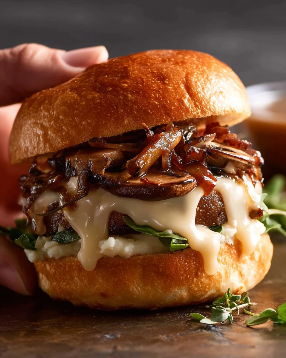 Delicious Swiss Mushroom Burgers topped with sautéed mushrooms and Swiss cheese.
