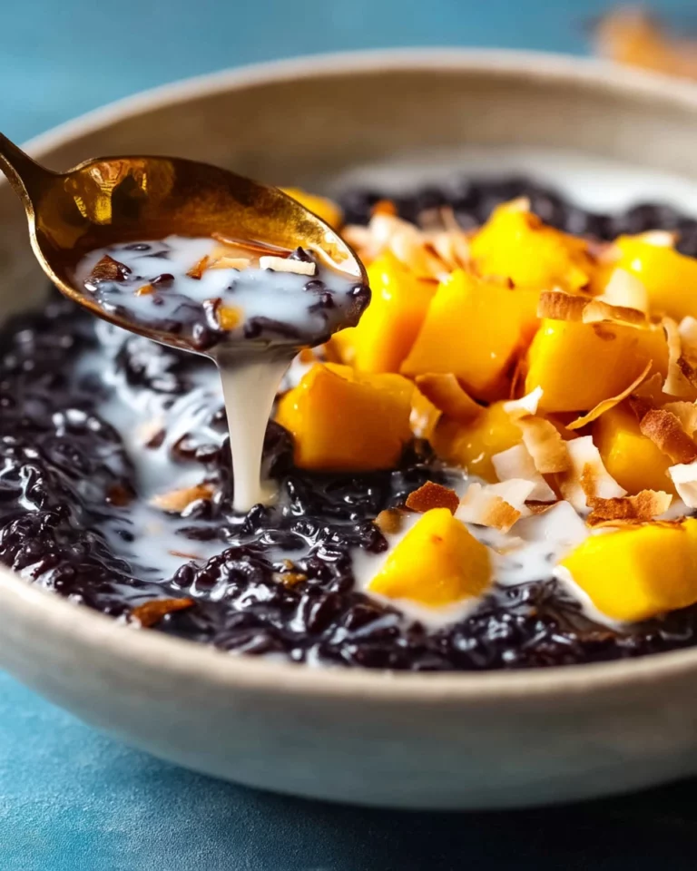 Bowl of delicious Thai black sticky rice pudding topped with coconut cream