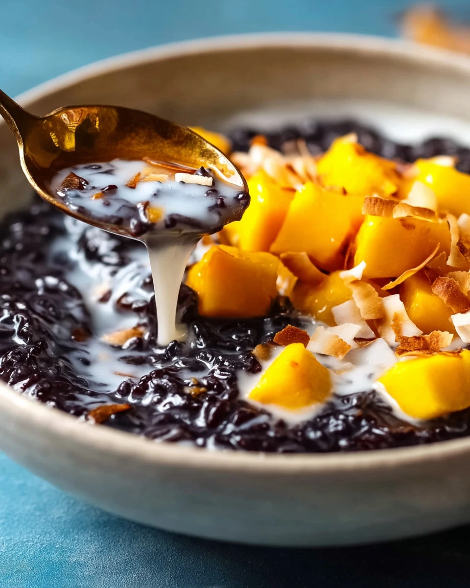 Bowl of delicious Thai black sticky rice pudding topped with coconut cream