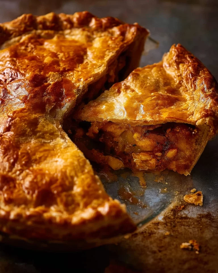 A freshly baked Vegetable Samosa Pie on a plate, golden and crispy