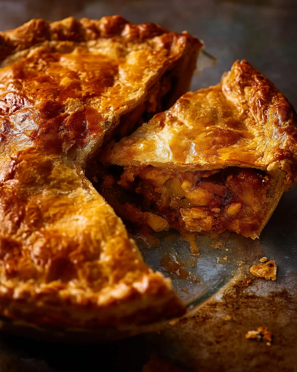 A freshly baked Vegetable Samosa Pie on a plate, golden and crispy