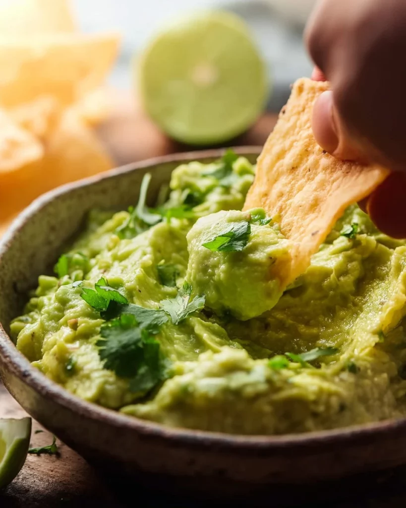 Deliciously creamy guacamole served in a bowl with tortilla chips