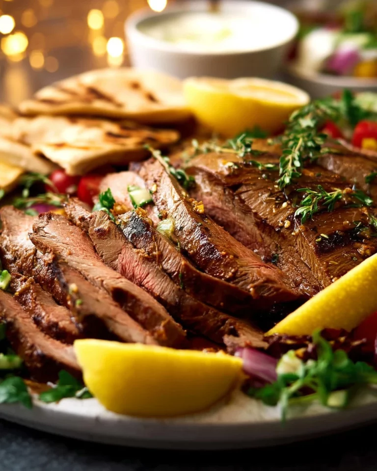 Mouthwatering Greek butterflied lamb leg displayed on a rustic wooden table.