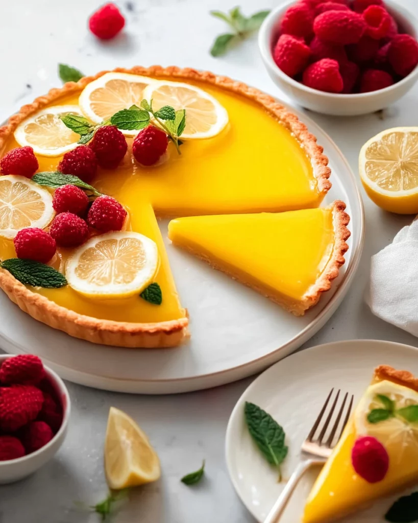 Deliciously tangy French lemon tart with a golden crust and creamy filling.