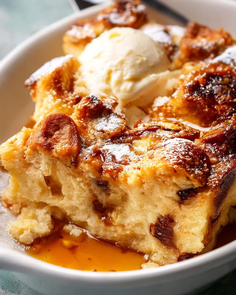Delicious bread and butter pudding served warm, topped with a dusting of nutmeg.