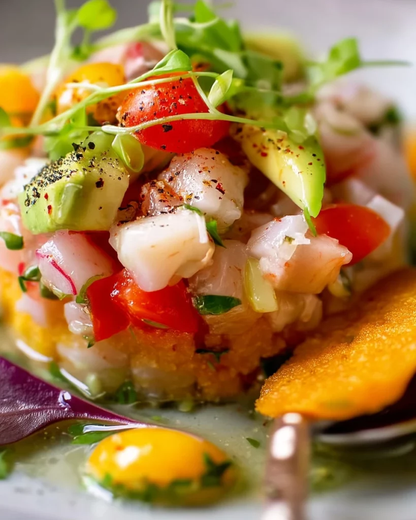 Fresh ceviche recipe featuring seafood, lime, and vegetables served in a bowl.