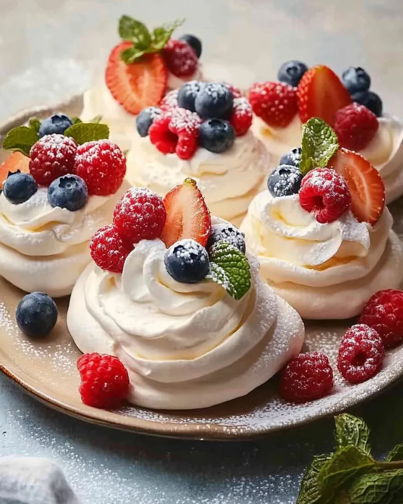 Delightful mini pavlovas topped with fresh fruits and whipped cream