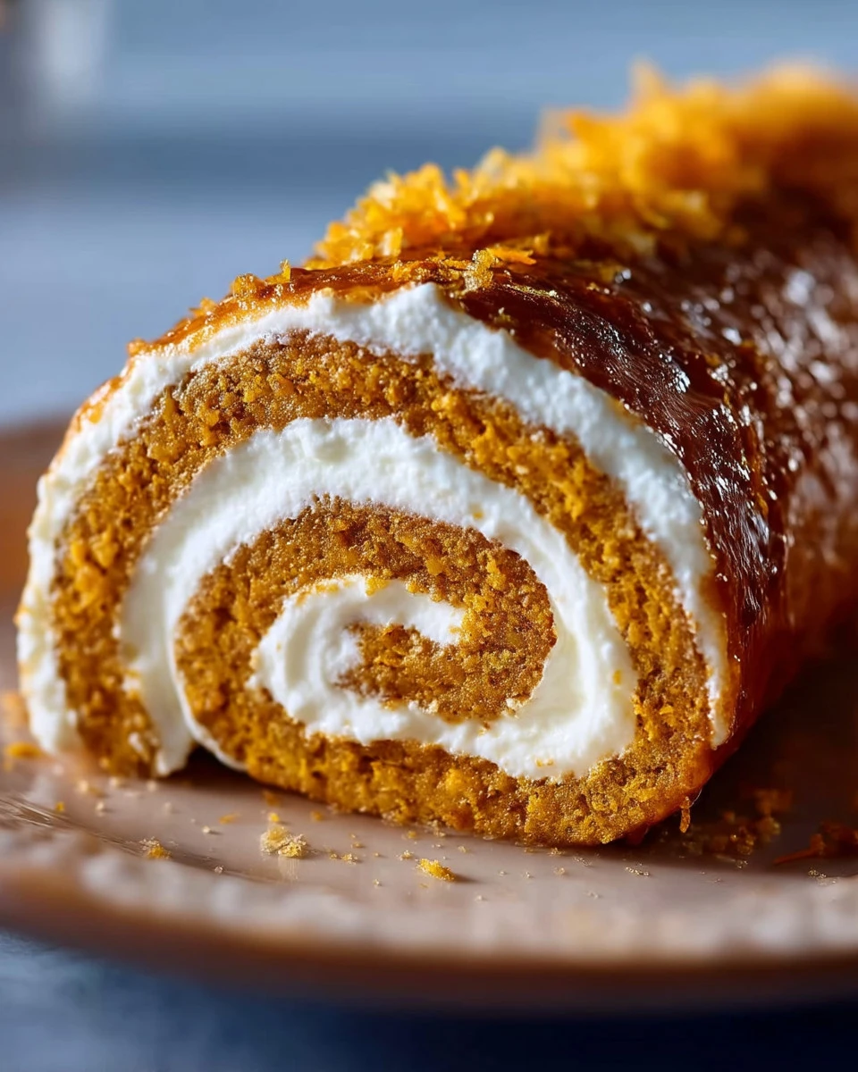 Delicious pumpkin roll dessert on a plate garnished with whipped cream.