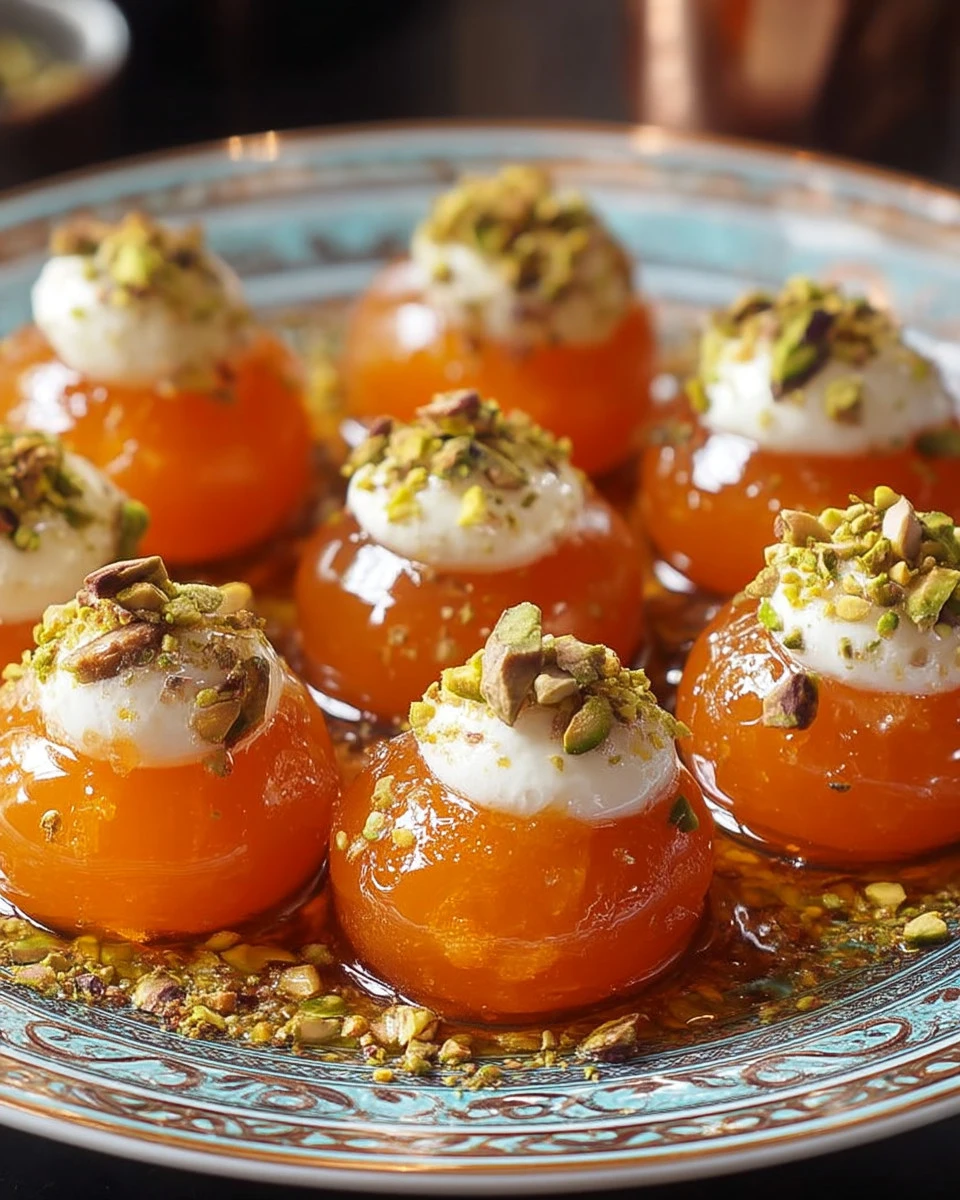 Delicious Turkish poached apricots served on a plate with syrup.