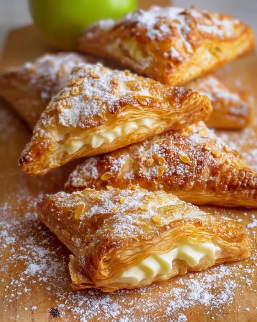 Freshly baked apple turnovers with creamy filling on a rustic plate