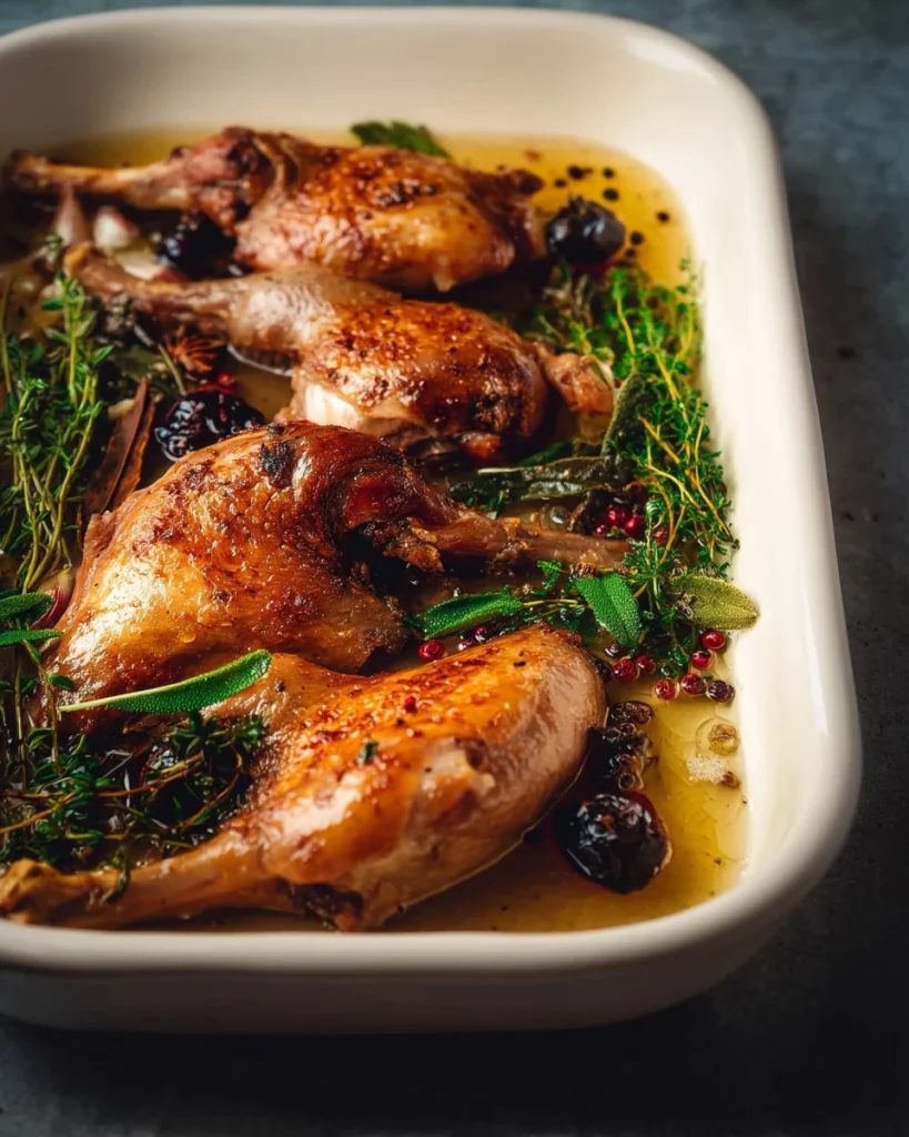 Plate of succulent Duck Confit garnished with herbs and served with vegetables