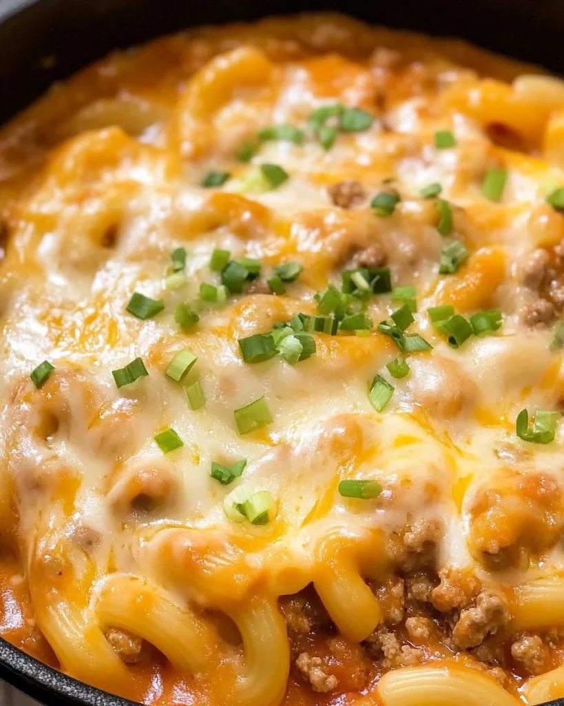 Delicious cheeseburger casserole served in a baking dish with toppings