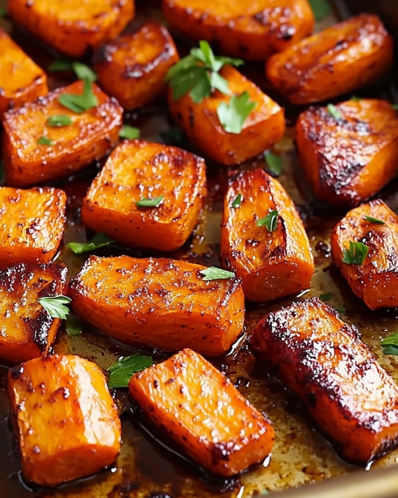 Bowl of easy and delicious roasted carrots garnished with herbs.