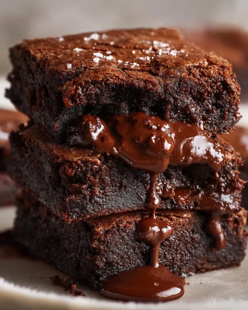 Delicious easy chocolate brownies on a plate topped with powdered sugar