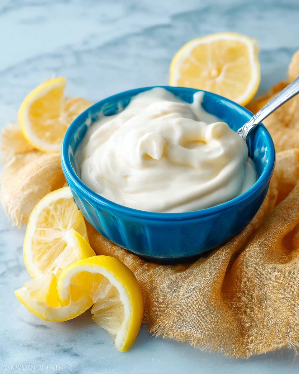 Bowl of easy homemade mayonnaise on a kitchen counter ready for use