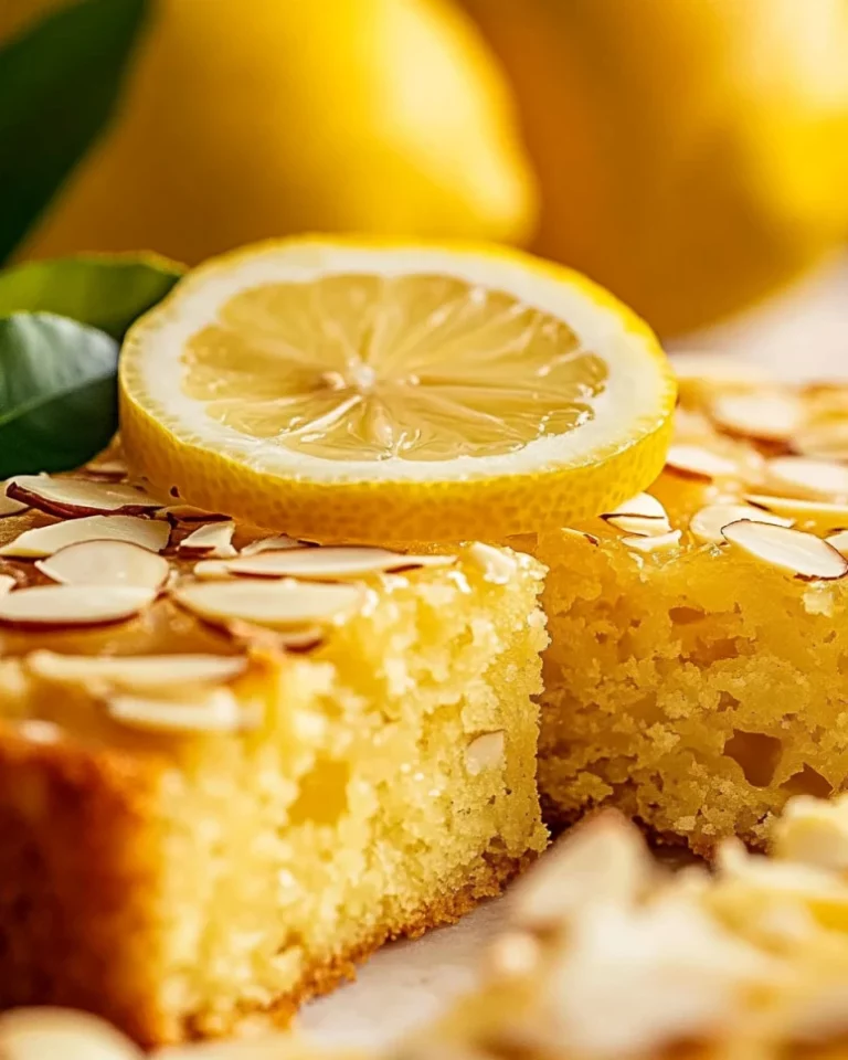 Easy lemon coconut almond cake topped with coconut flakes and almonds