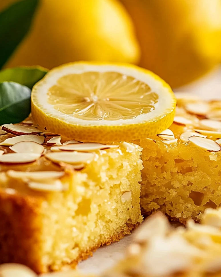 Easy lemon coconut almond cake topped with coconut flakes and almonds