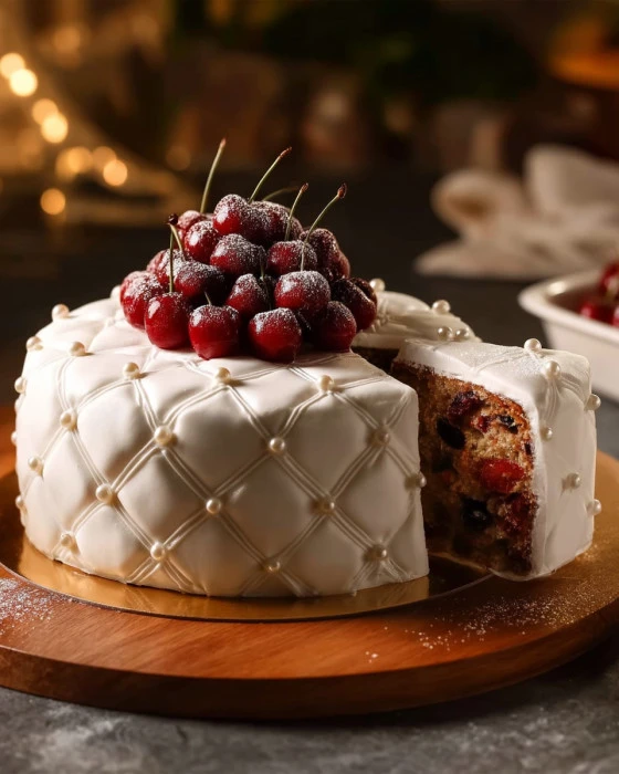 Delicious easy moist Christmas fruit cake decorated for the holiday season