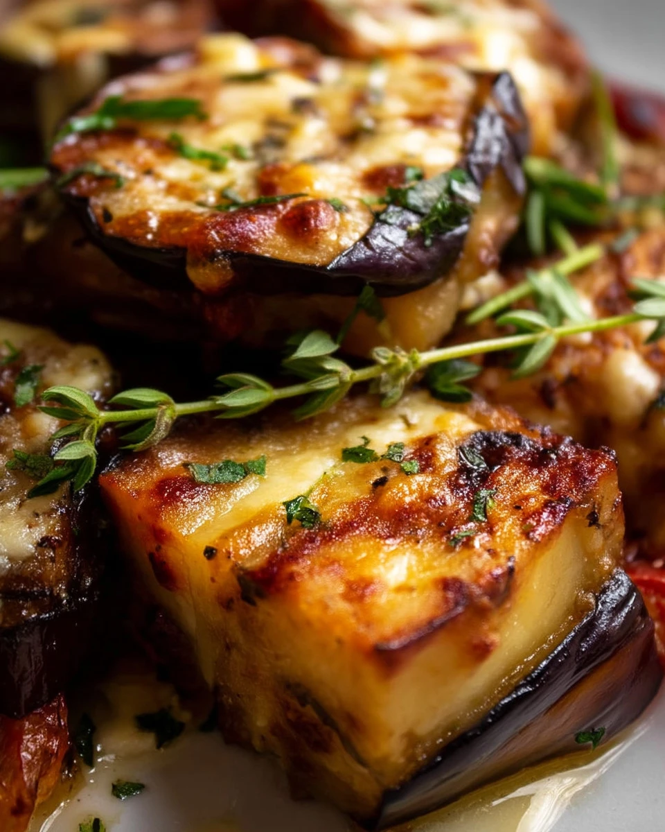 Plate of delicious oven roasted eggplant seasoned with herbs and spices