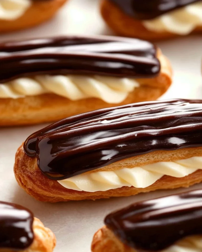 Delicious eclairs topped with chocolate and filled with creamy custard