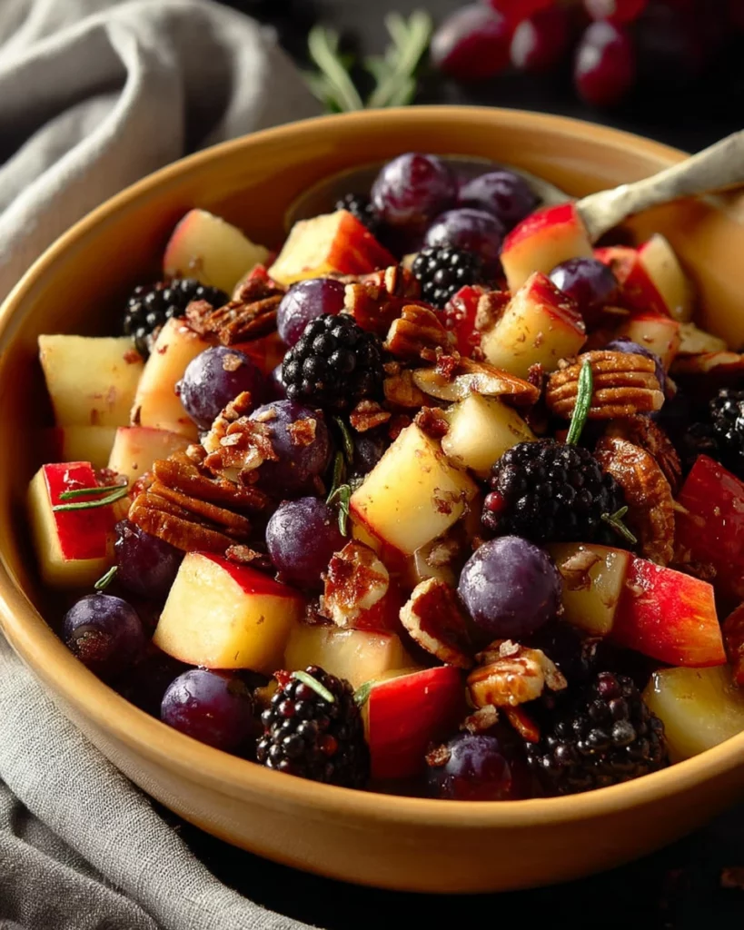 Colorful fall fruit salad featuring seasonal fruits like apples, pears, and cranberries.