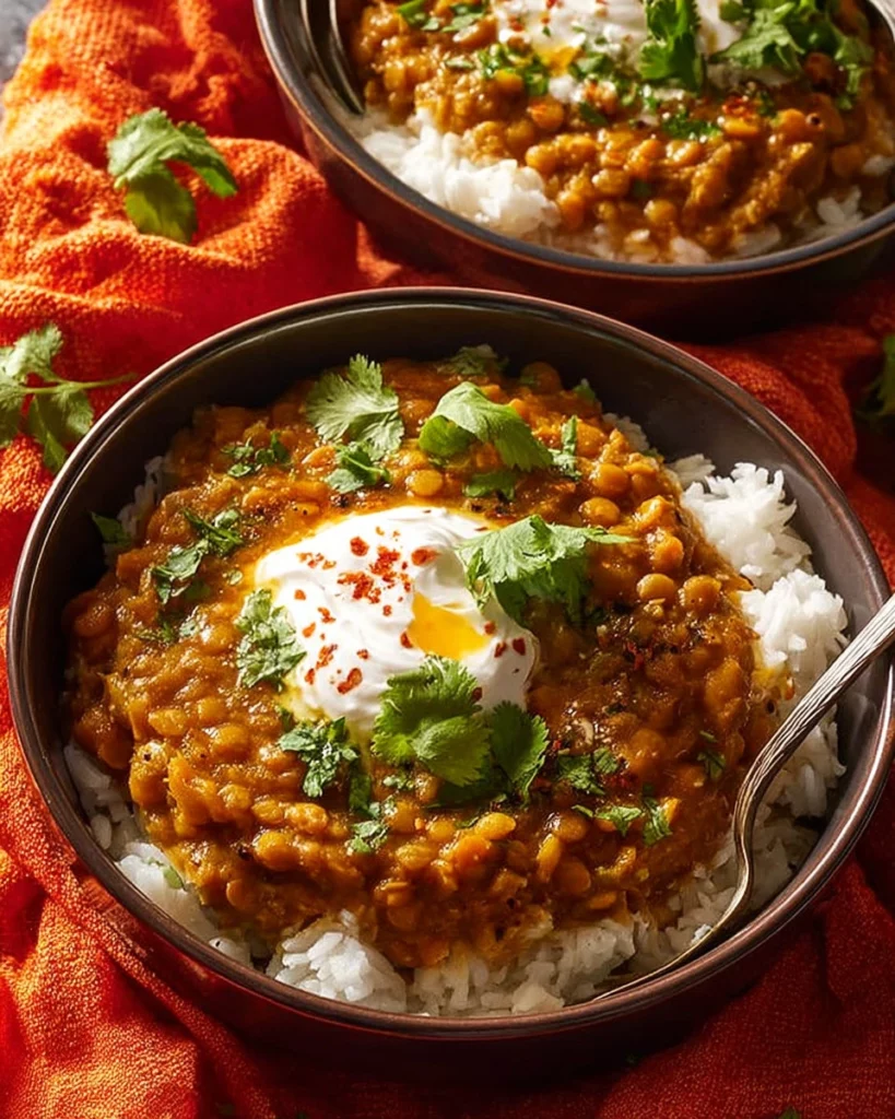 Bowl of flavor-packed lentil curry with vibrant spices and garnishes