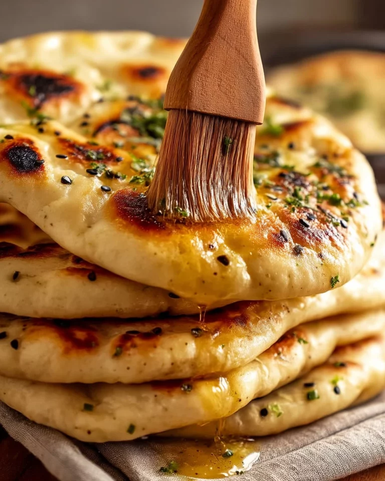 Freshly baked fluffy and bubbly naan bread, golden brown and delicious.
