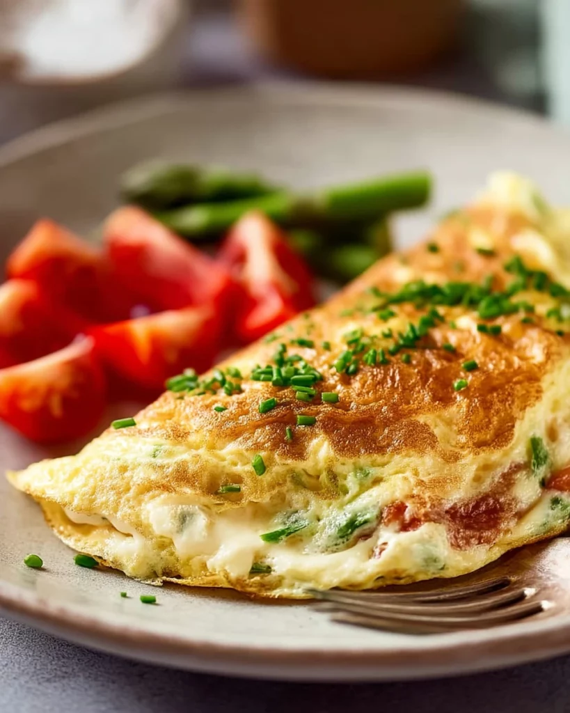 Fluffy egg white omelette served on a plate, garnished with herbs.