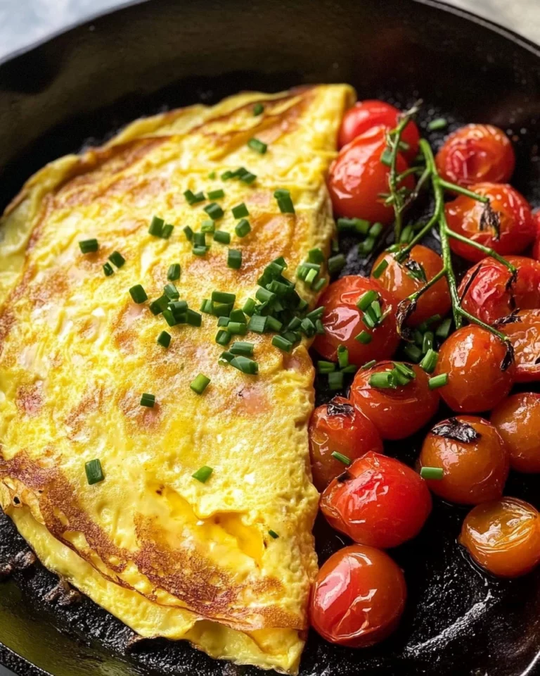 Fluffy ham and cheese omelette topped with herbs on a plate