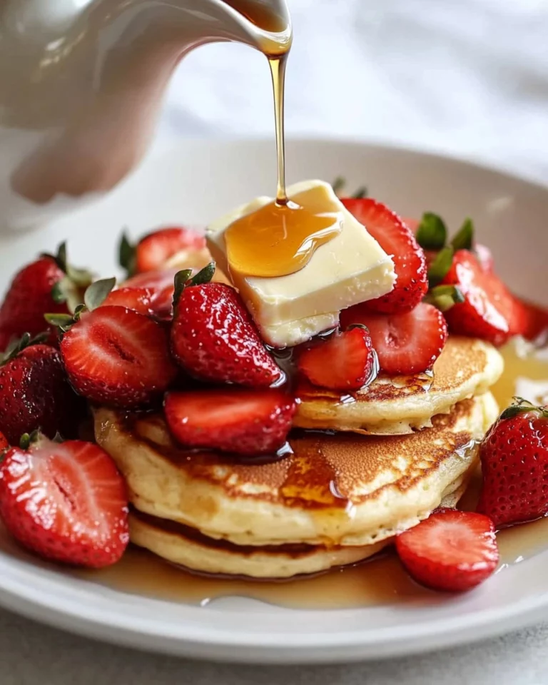 Delicious fluffy ricotta pancakes stacked with syrup and berries.