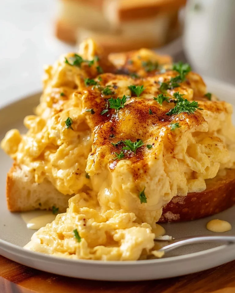 Fluffy scrambled eggs served on a plate, looking delicious and creamy.