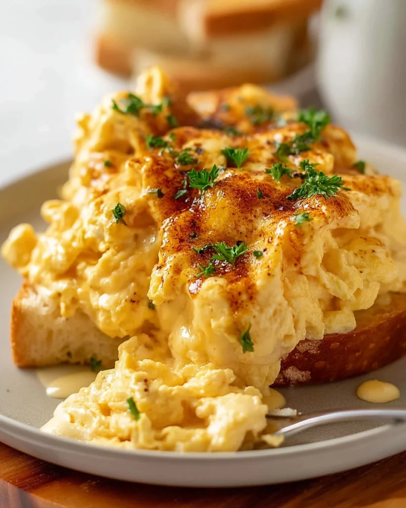 Fluffy scrambled eggs served on a plate, looking delicious and creamy.
