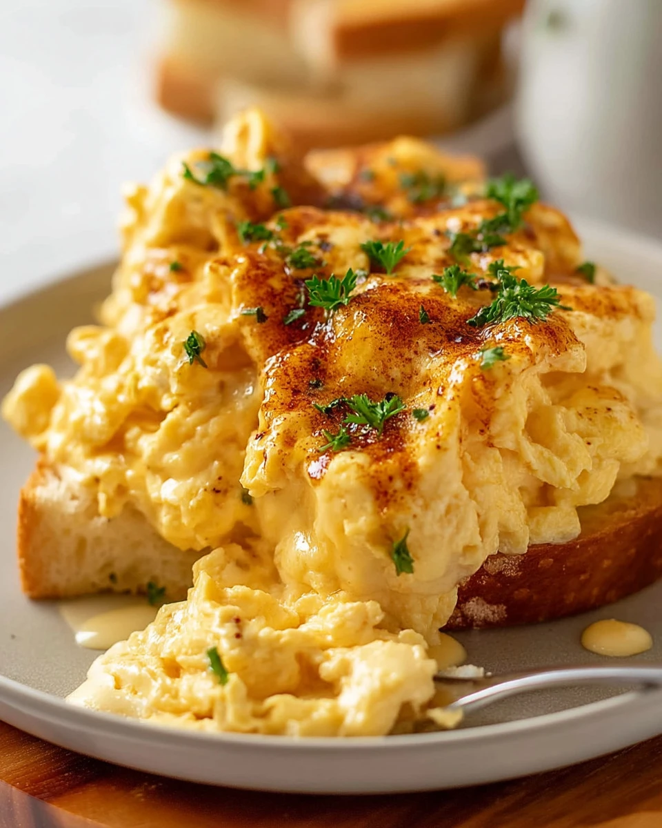 Fluffy scrambled eggs served on a plate, looking delicious and creamy.