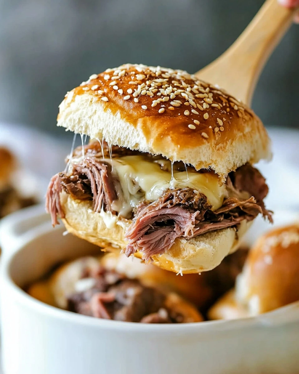 Delicious French Dip Sliders served with au jus on a platter