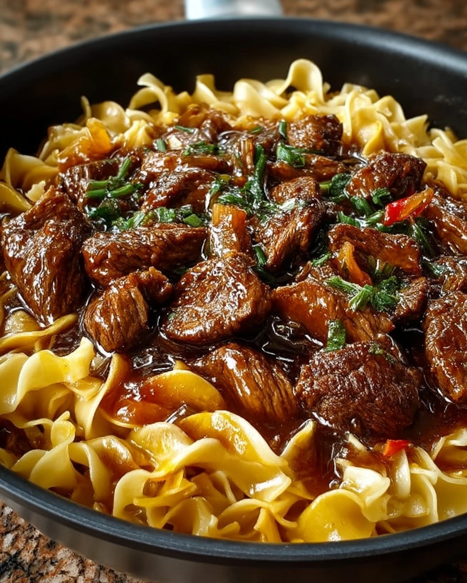 Delicious French Onion Beef and Noodles dish served in a bowl.