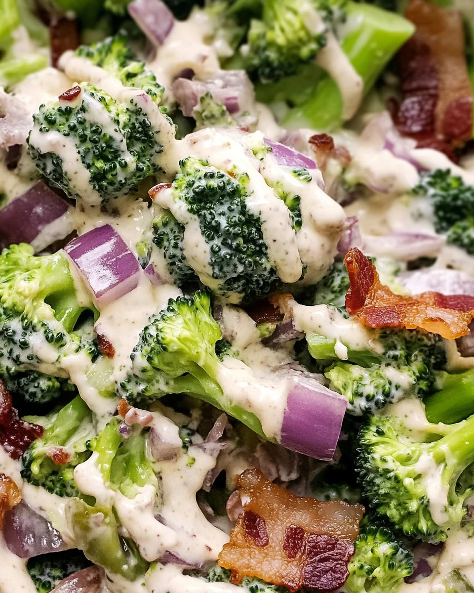 Fresh broccoli salad with zesty dressing and colorful vegetables