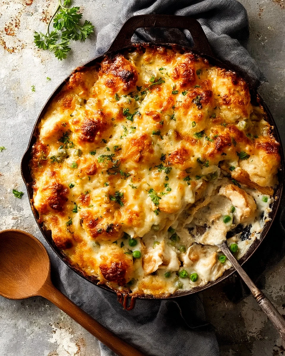 Delicious leftover turkey pot pie topped with garlic bread crust.