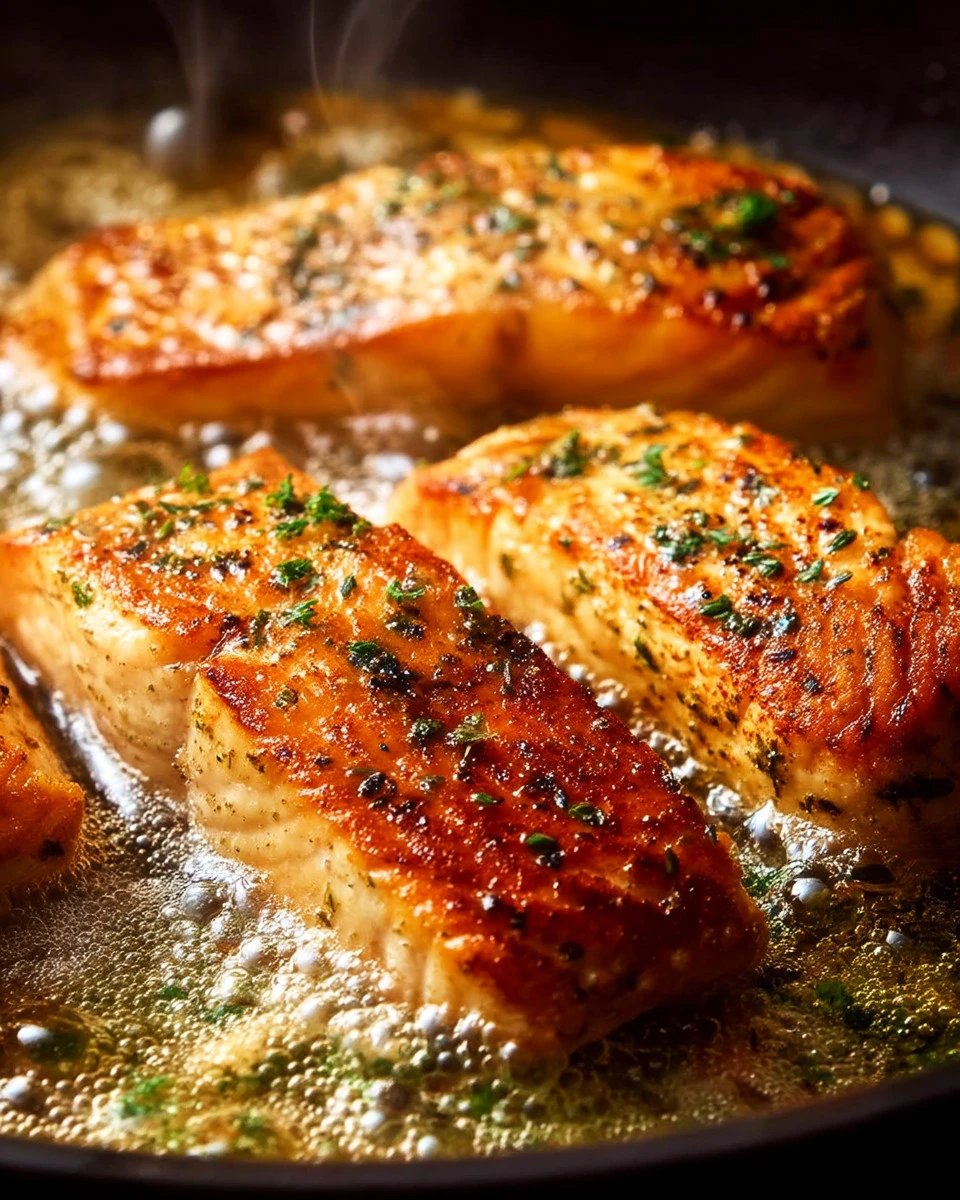 A delicious serving of garlic butter salmon with fresh herbs and lemon.