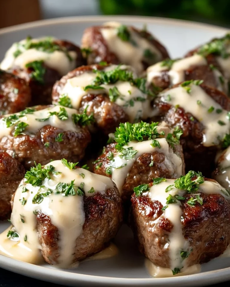 Garlic Butter Steak Bites with rich Parmesan Cream Sauce served on a plate