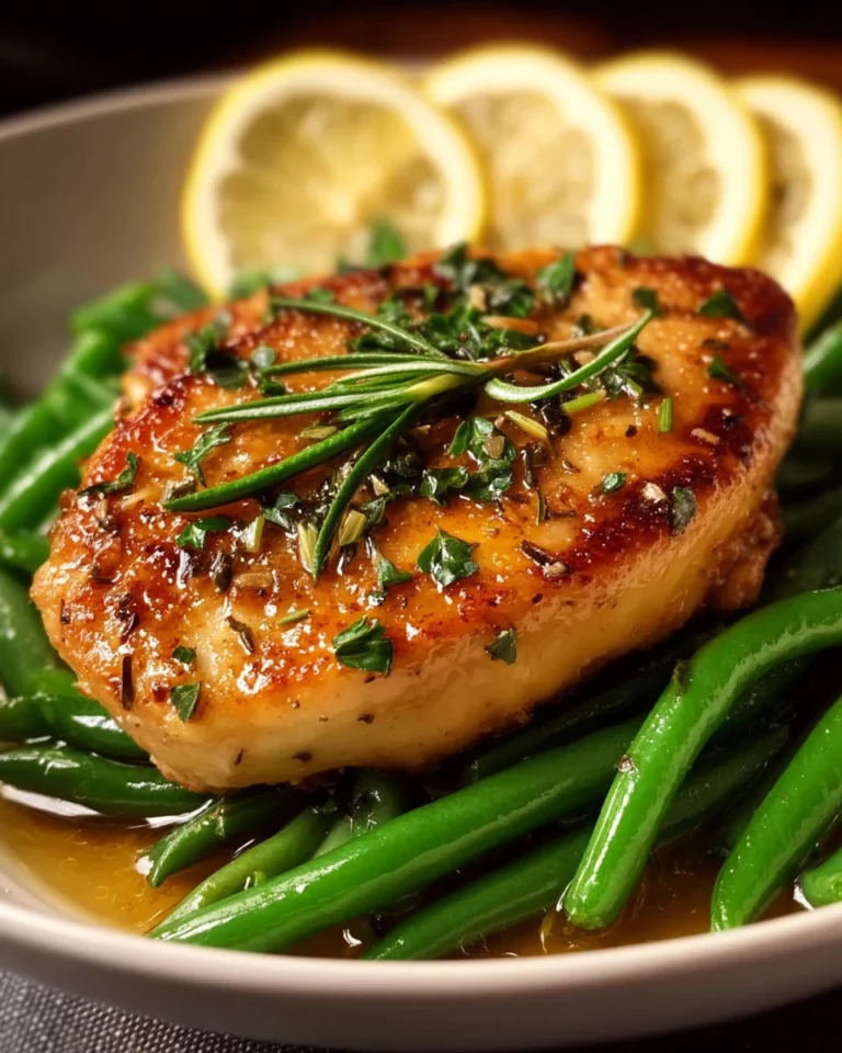 Garlic Lemon Chicken served with vibrant green beans on a plate.