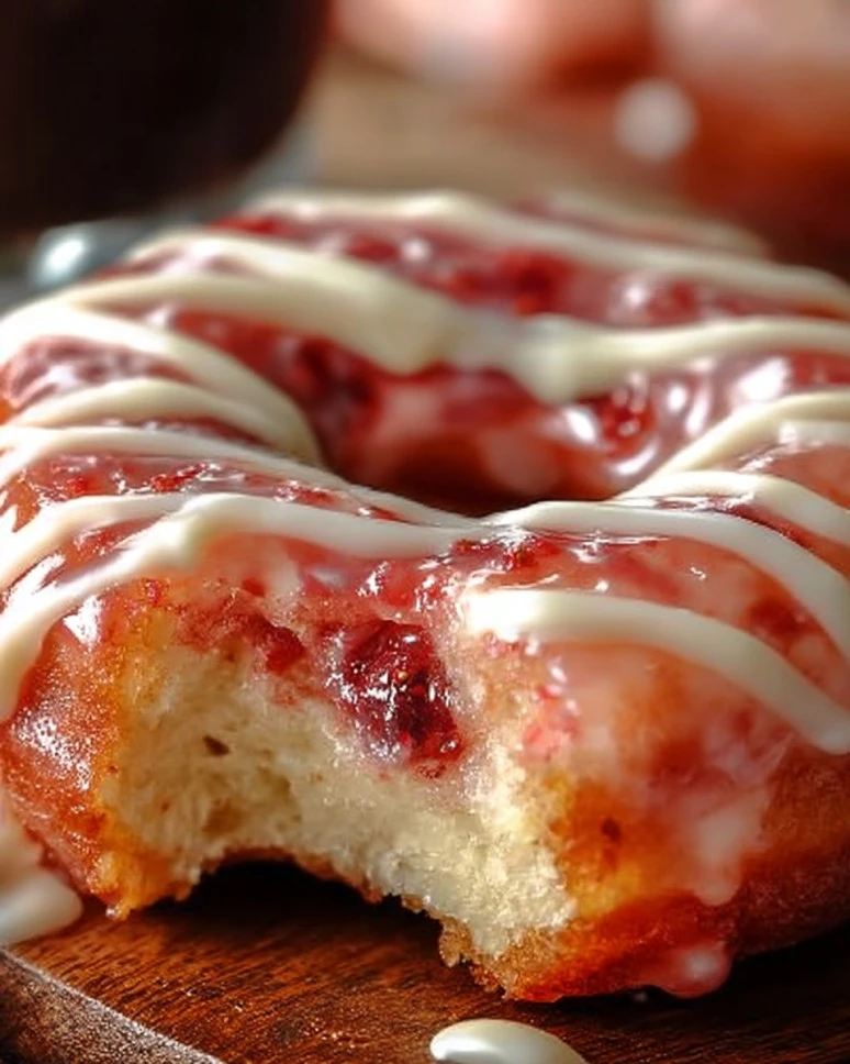 Glazed strawberry cream cheese donuts topped with fresh strawberries