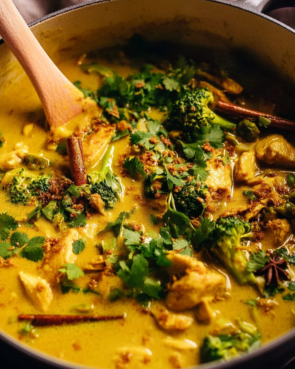 A bowl of golden coconut chicken curry garnished with herbs