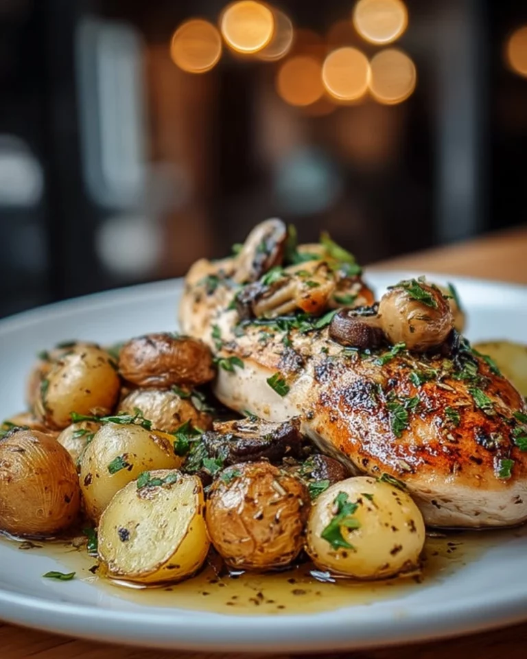 Plate of Greek Garlic Chicken with honey-roasted potatoes and truffle mushrooms