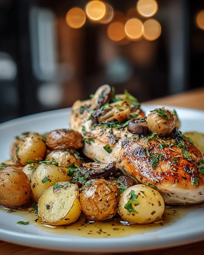 Plate of Greek Garlic Chicken with honey-roasted potatoes and truffle mushrooms