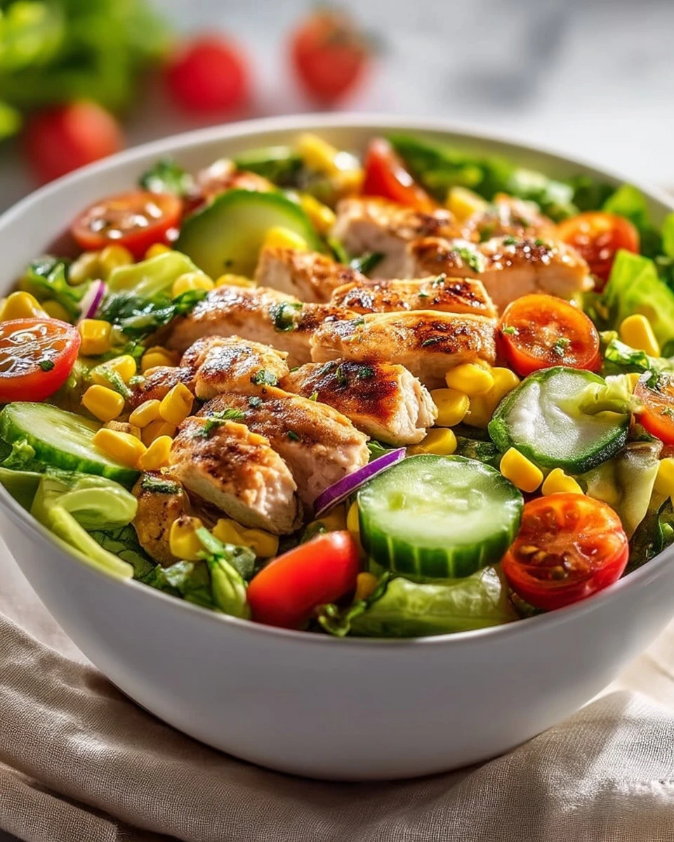 Delicious grilled chicken salad with fresh vegetables and dressing