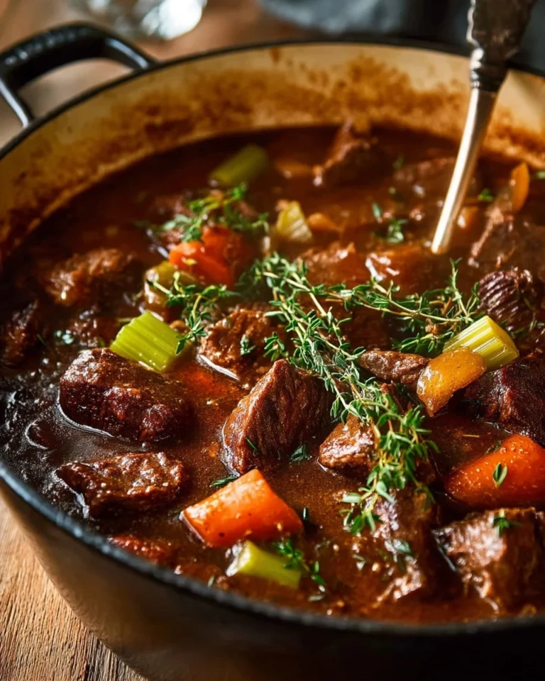 Bowl of hearty Beef and Guinness Stew garnished with herbs