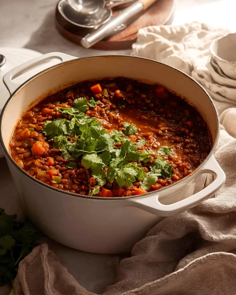 Hearty beef lentil soup filled with vegetables in a bowl