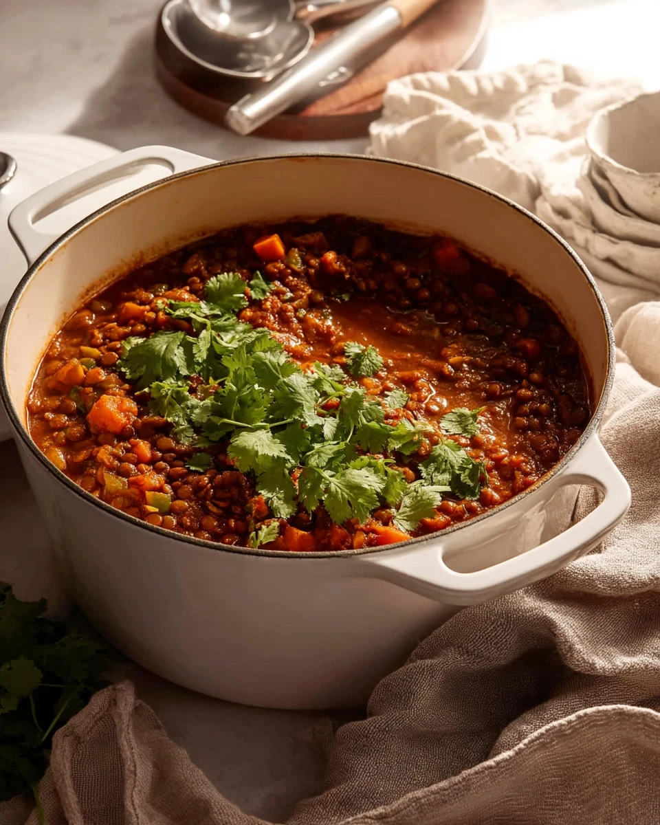Hearty beef lentil soup filled with vegetables in a bowl
