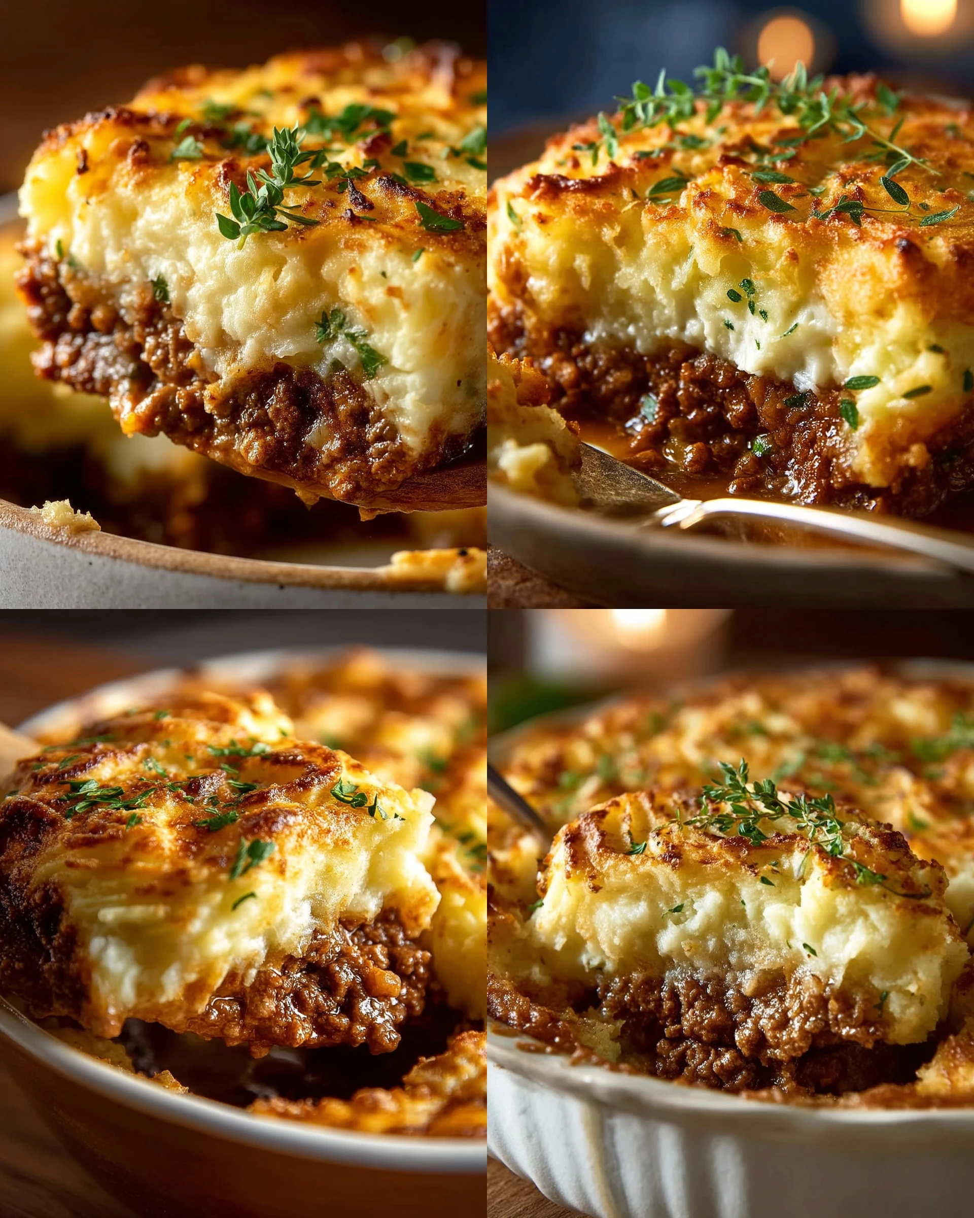 Hearty cottage pie topped with golden mashed potatoes, ready to serve.