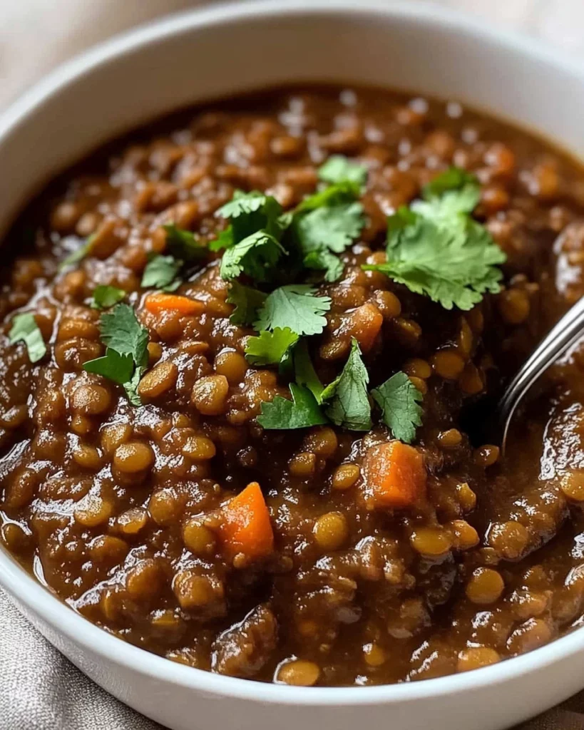 Hearty Lentil Ragout served in a rustic bowl with herbs and vegetables.
